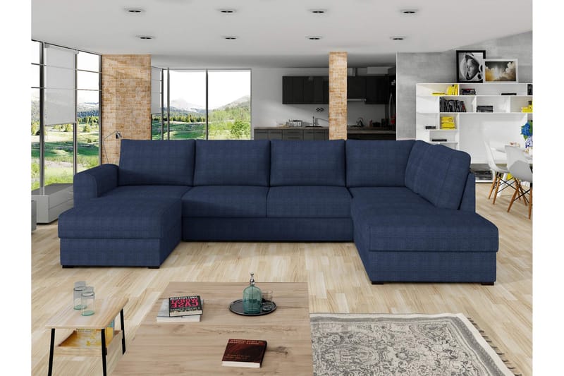 Taberk Bäddsoffa med Divan och Schäslong 4-sits i Chenille - Blå - Möbler - Vardagsrum - Bäddsoffor - U bäddsoffa