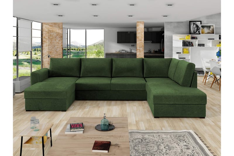 Taberk Bäddsoffa med Divan och Schäslong 4-sits i Chenille - Grön - Möbler - Vardagsrum - Bäddsoffor - U bäddsoffa