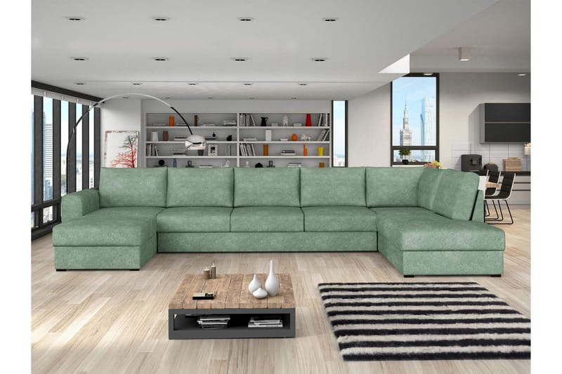 Taberk Bäddsoffa med Divan och Schäslong 5-sits i Bouclé - Grön - Möbler - Vardagsrum - Bäddsoffor - U bäddsoffa