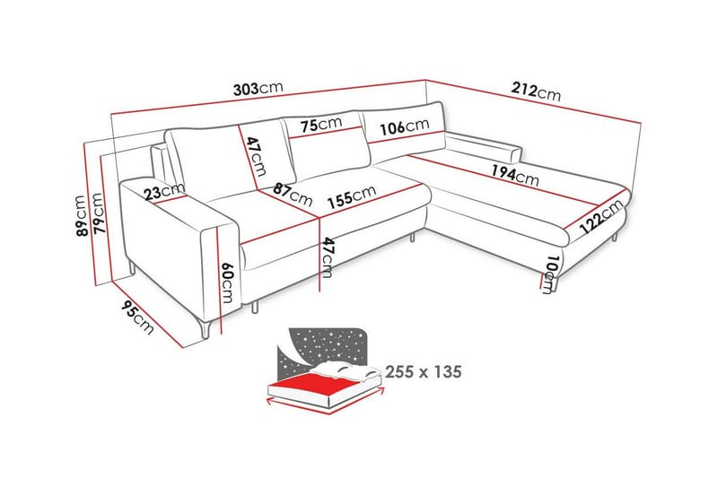 Talby 3-sits Höger Bäddsoffa 135x255 cm med Förvaring i Tyg - Grå - Möbler - Vardagsrum - Bäddsoffor