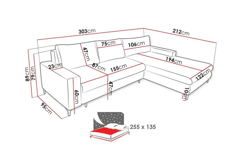 Talby 3-sits Höger Bäddsoffa 135x255 cm med Förvaring i Tyg - Gråbeige - Möbler - Vardagsrum - Bäddsoffor