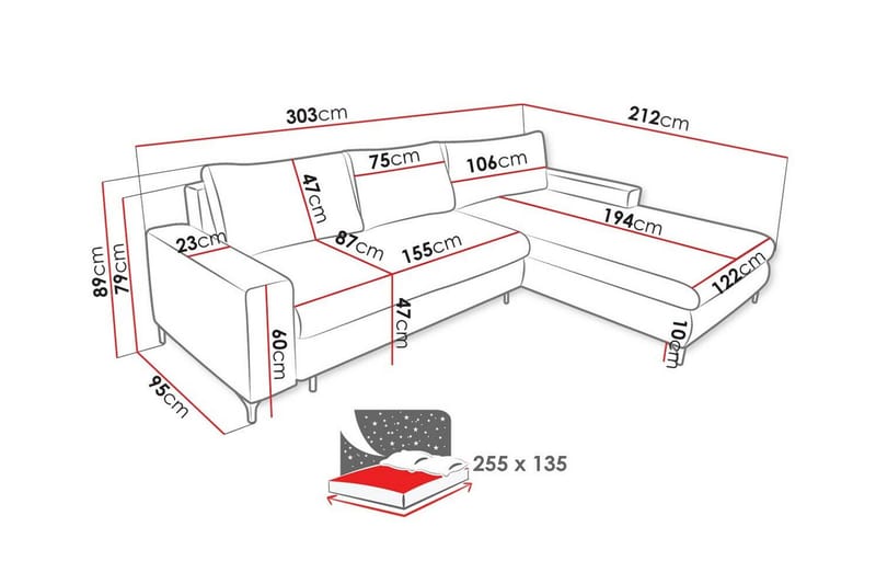 Talby 3-sits Höger L-formad Hörnbäddsoffa 135x255 cm med Förvaring i Tyg - Grå - Möbler - Vardagsrum - Bäddsoffor