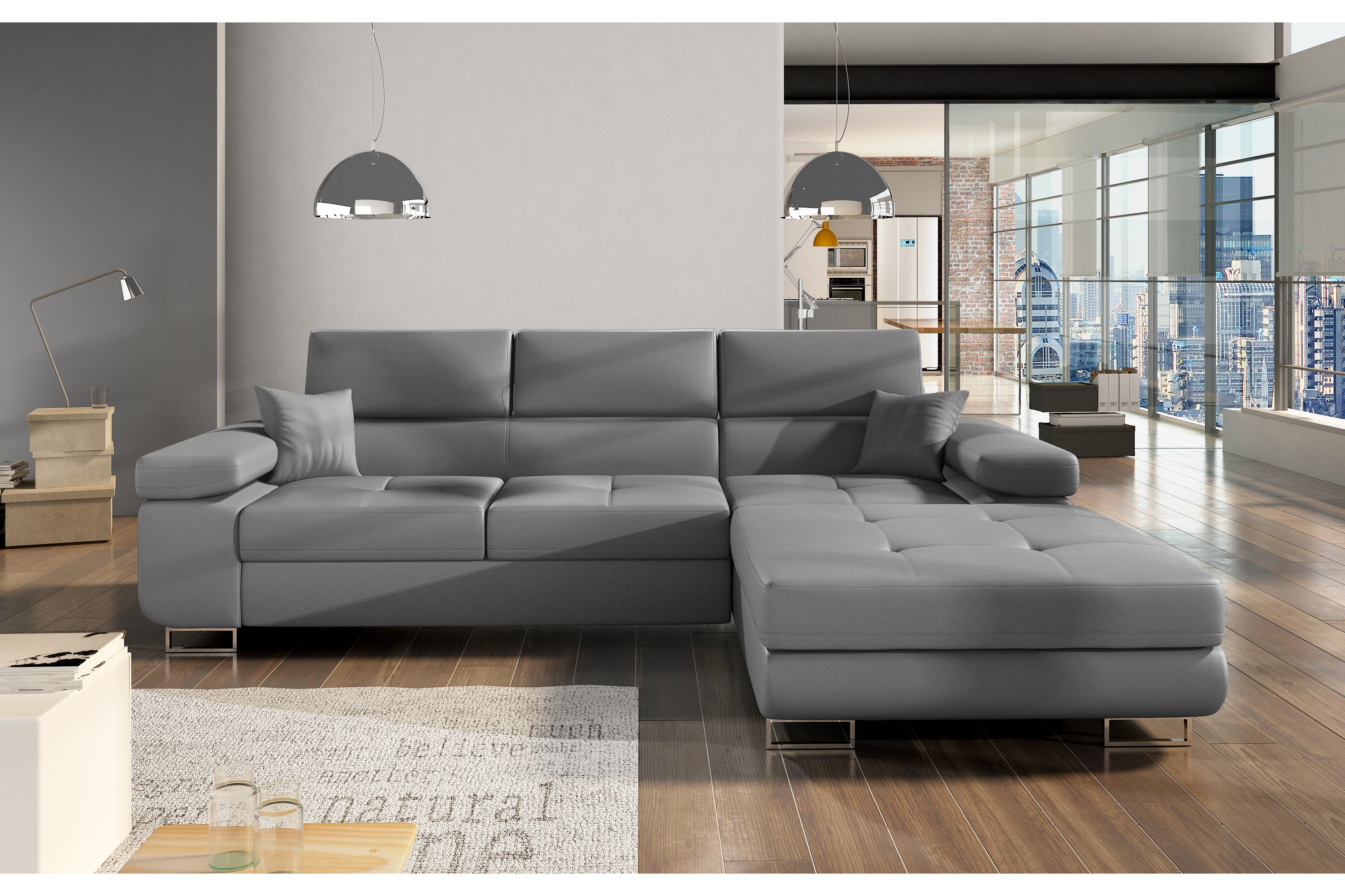 terrence bäddsoffa med divan höger läder/grå -