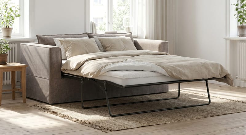 Travstad 3-sits Bäddsoffa med HVILA Bäddmadrass 140x200 cm Memoryskum med Tvättbar klädsel - Grå/Vit - Möbler - Vardagsrum - Bäddsoffor - 3-sits bäddsoffa