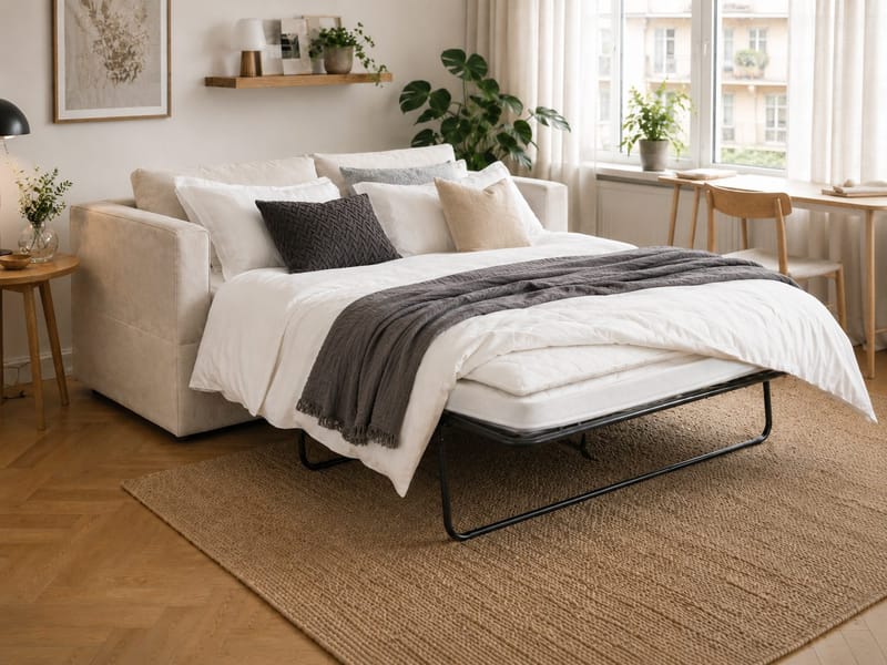 Travstad 3-sits Bäddsoffa med HVILA Bäddmadrass 140x200 cm Polyesterskum med Tvättbar klädsel - Beige/Vit - Möbler - Vardagsrum - Bäddsoffor - 3-sits bäddsoffa
