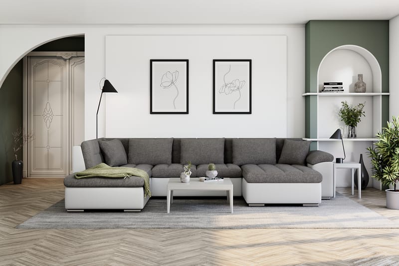 VILLOSA Hörnbäddsoffa Divan med Förvaring Höger Vit/Ljusgrå - Vit/Ljusgrå - Möbler - Vardagsrum - Bäddsoffor - U bäddsoffa