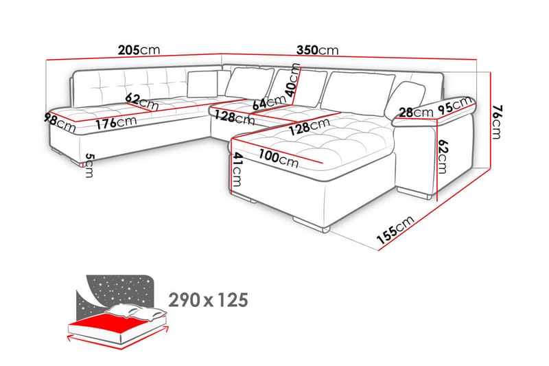 VILLOSA U-Bäddsoffa 350x205x76 cm Divan Höger - Grå - U bäddsoffa - Bäddsoffor