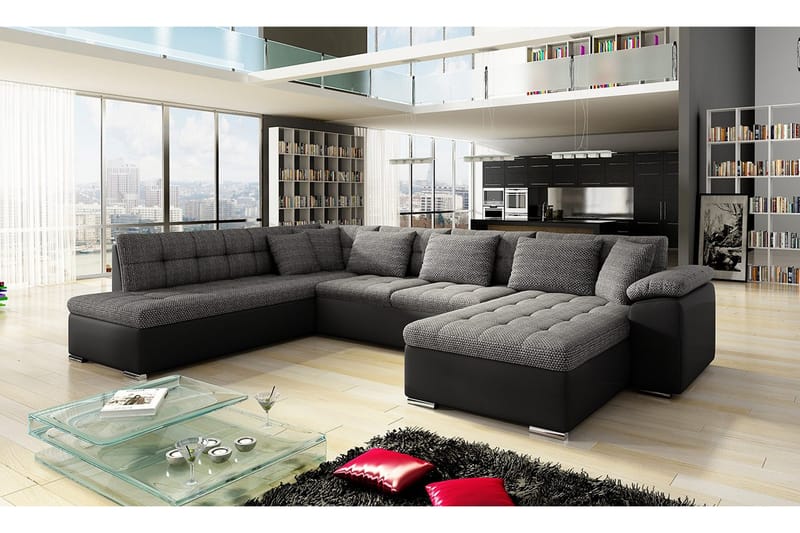VILLOSA U-Bäddsoffa 350x205x76 cm Divan Höger - Grå/Svart - Möbler - Vardagsrum - Bäddsoffor - U bäddsoffa