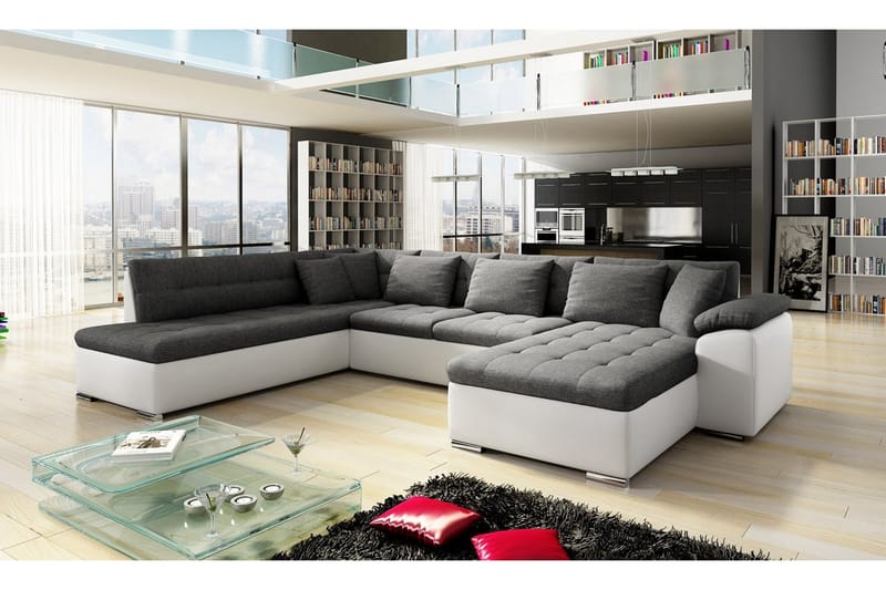 VILLOSA U-Bäddsoffa 350x205x76 cm Divan Höger - Vit/Grå - Möbler - Vardagsrum - Bäddsoffor - U bäddsoffa