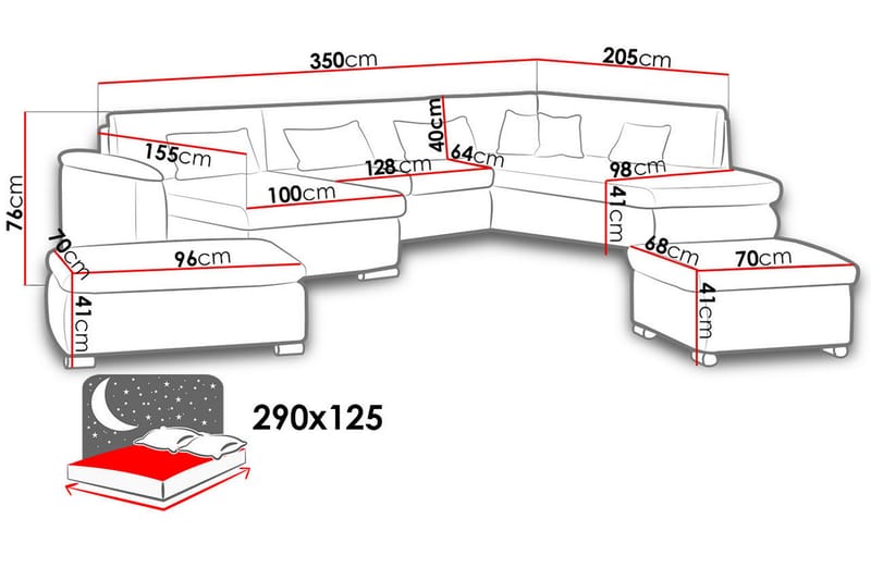 VILLOSA U-Bäddsoffa 350x205x76 cm Divan Höger - Vit/Grå - U bäddsoffa - Bäddsoffor