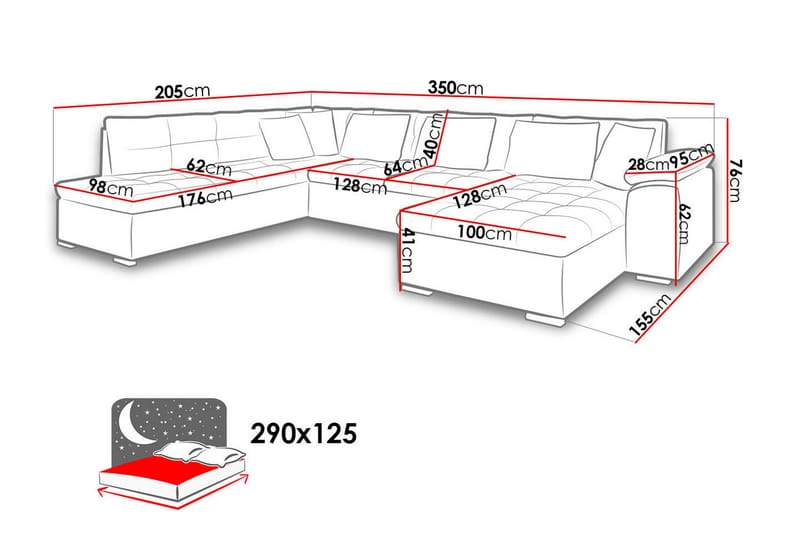 VILLOSA U-Bäddsoffa 350x205x76 cm Divan Höger - Vit/Grå - U bäddsoffa - Bäddsoffor