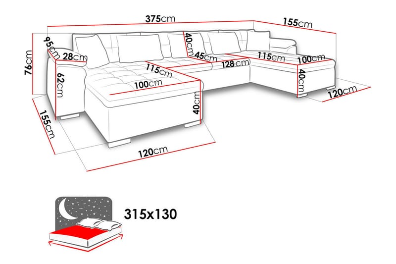 WICENZA U-Bäddsoffa 375x155x76 cm - Grå/Svart - Möbler - Vardagsrum - Bäddsoffor - U bäddsoffa
