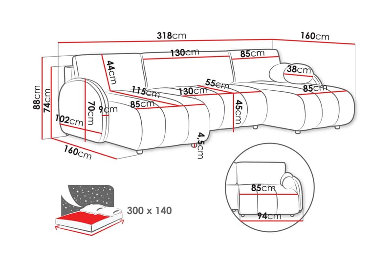 Zarania Bäddsoffa Dubbeldivan 3-sits - Rosa - Möbler - Vardagsrum - Bäddsoffor - U bäddsoffa