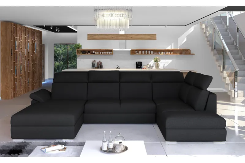 Zoana 2-sits U-formad Bäddsoffa med Divan och Schäslong i Tyg, Svart