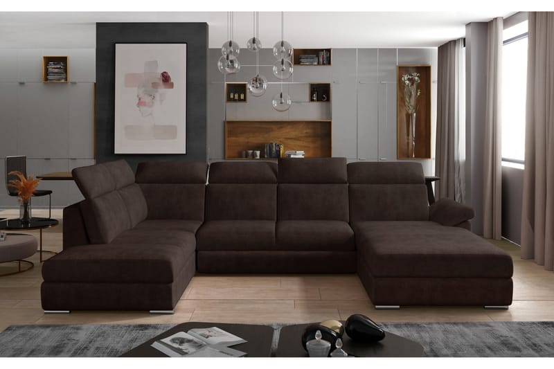 Zoana Höger U-formad Bäddsoffa 125x265 cm med Förvaring i Tyg, Brun