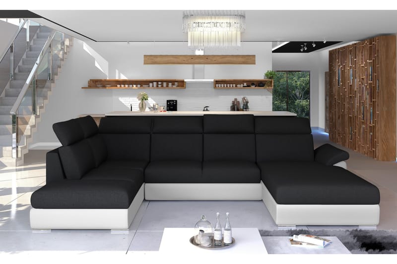 Zoana U-formad Bäddsoffa 125x265 cm med Förvaring i Tyg/Läder, Vit|Svart