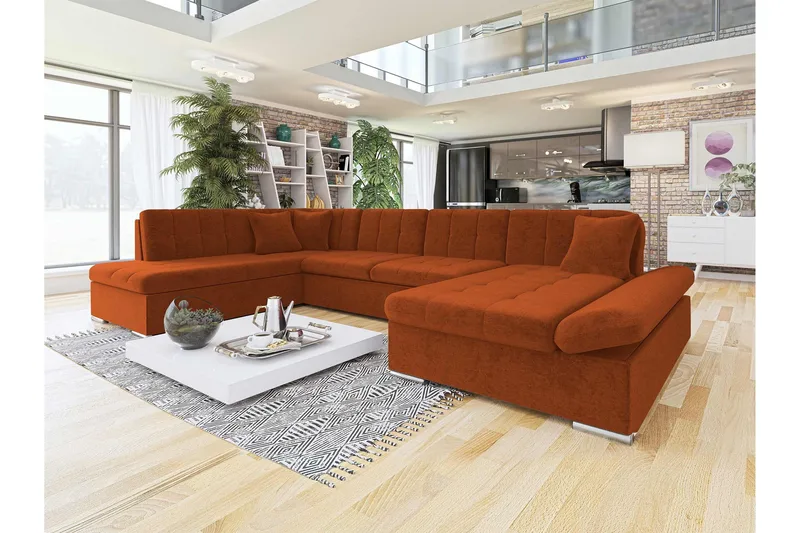 Zumar Bäddsoffa med Divan och Schäslong 4-sits i Chenille - Orange - Möbler - Vardagsrum - Bäddsoffor - U bäddsoffa