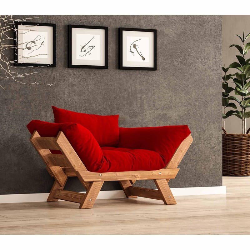 Zylar 2-sits Fällbar Bäddsoffa med Träram 75x140 cm i Linne, Röd|Brun