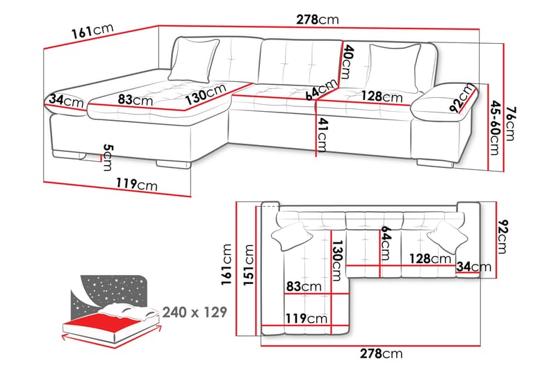 Djerra Bäddsoffa med Schäslong 3-sits i Konstläder - Vit/Grå - Möbler - Vardagsrum - Bäddsoffor