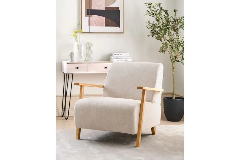 Fåtölj Lesja - Ljusbeige, ljust trä/Polyester - Möbler - Vardagsrum - Fåtöljer