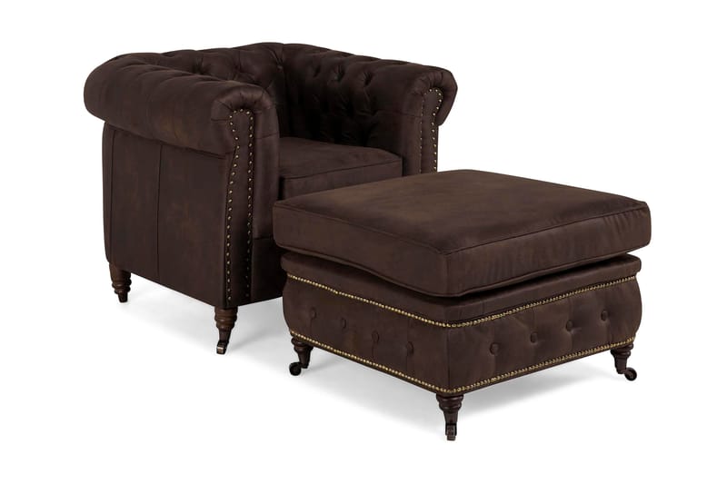 CHESTERFIELD DELUXE Fåtölj+Fotpall Vintage Mörkbrun - Möbler - Vardagsrum - Fåtöljer - Chesterfield fåtölj