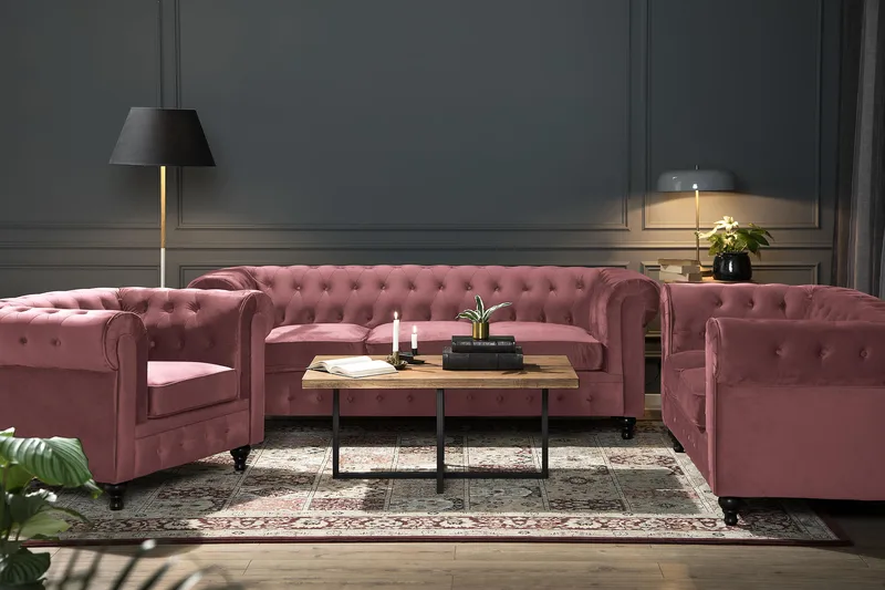 Chesterfield Lyx Fåtölj - Rosa Sammet - Möbler - Vardagsrum - Fåtöljer - Chesterfield fåtölj