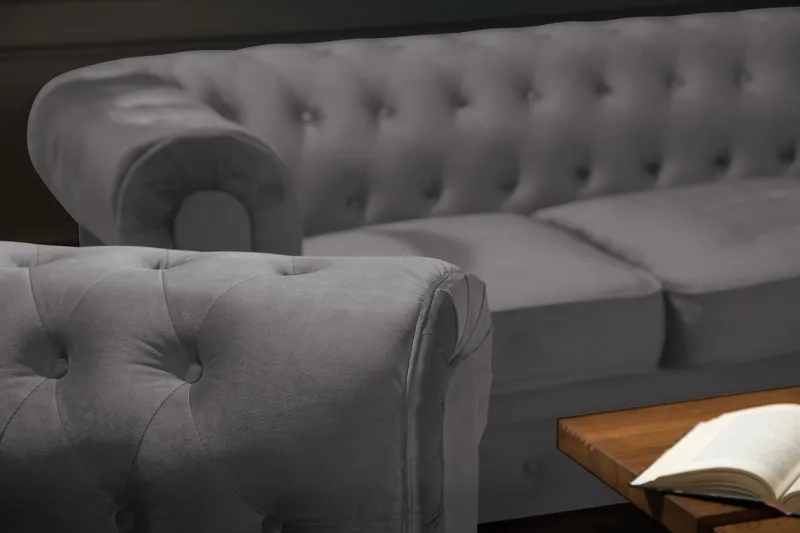 Chesterfield Lyx Stor skön djup sammetsfåtölj - Fåtölj till vardagsrum - Mörkgrå Sammet - Möbler - Vardagsrum - Fåtöljer - Chesterfield fåtölj