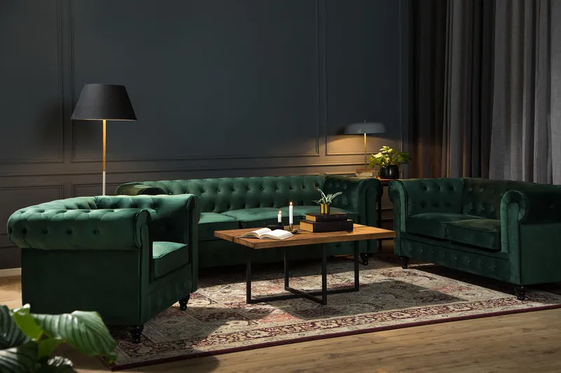 Chesterfield Lyx Stor skön djup sammetsfåtölj - Fåtölj till vardagsrum - Mörkgrön Sammet - Möbler - Vardagsrum - Fåtöljer - Chesterfield fåtölj
