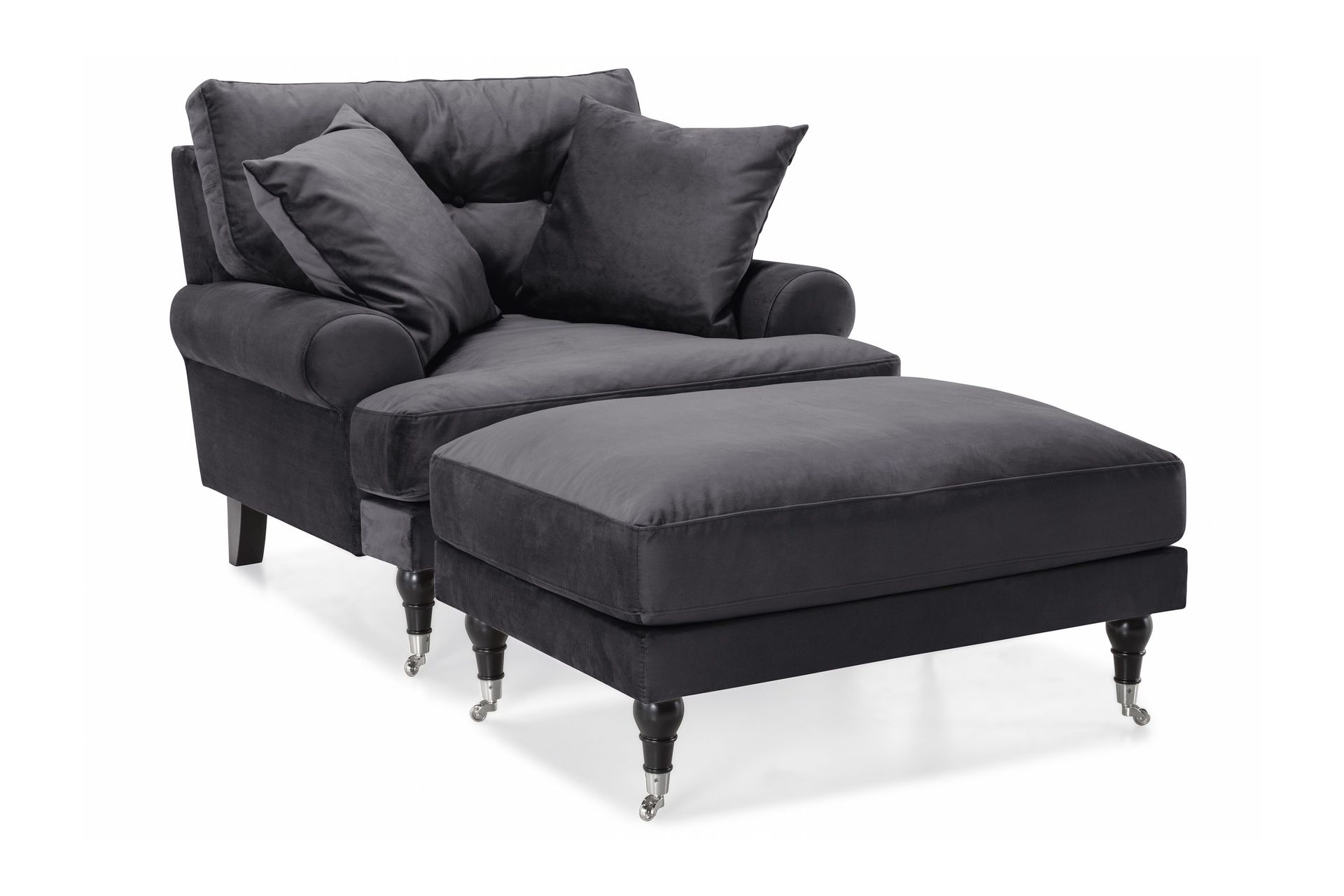 Andrew F&aring;t&ouml;lj med Fotpall Sammet - M&ouml;rkgr&aring;/Krom