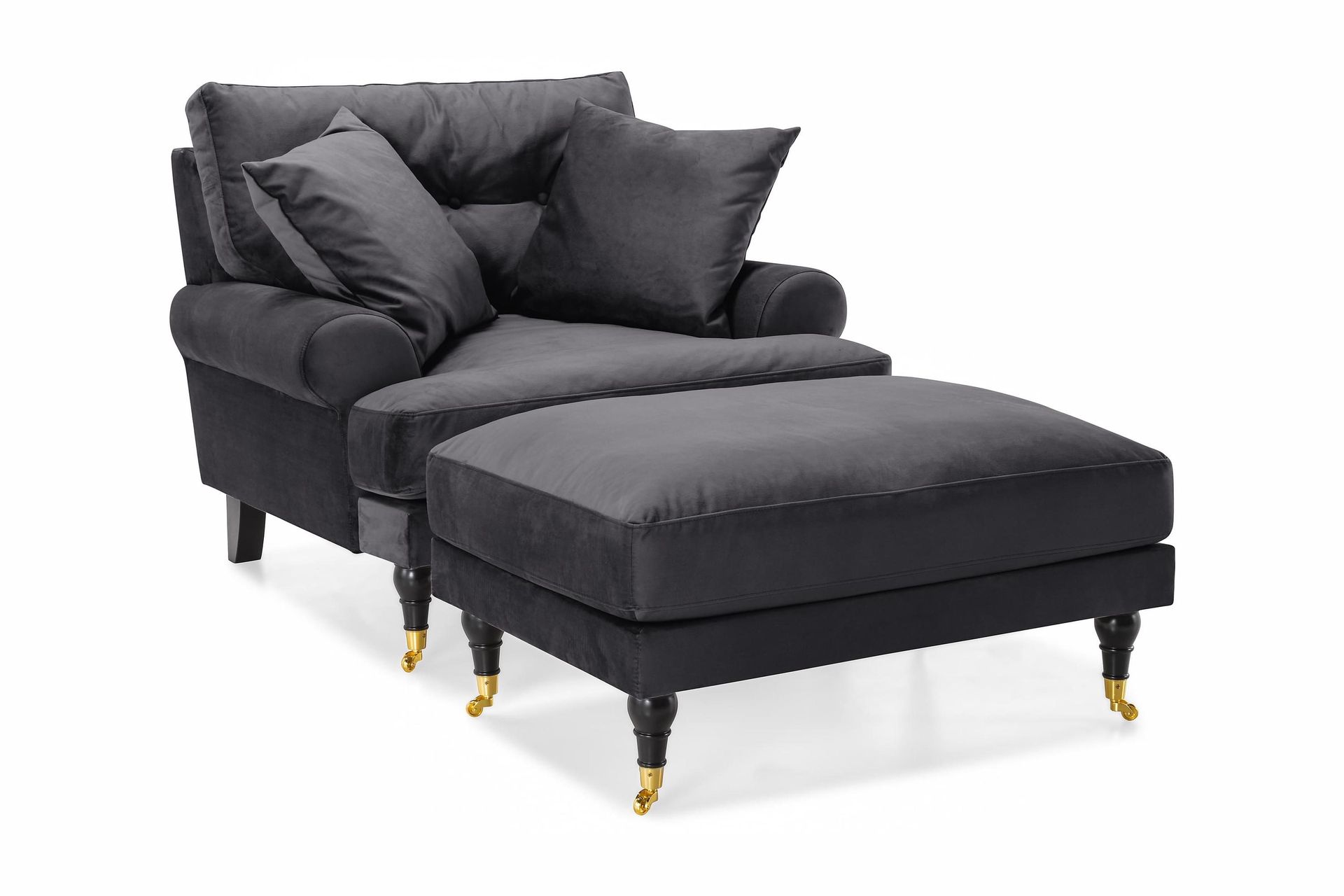 andrew fåtölj med fotpall sammet - mörkgrå/mässing