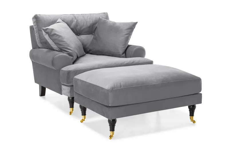 Andrew Fåtölj med Fotpall Sammet, Silvergrå/Mässing