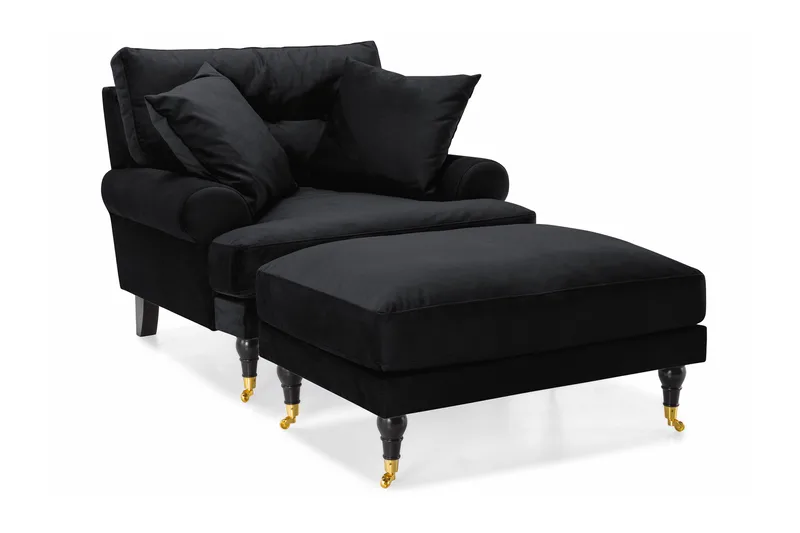 Andrew Fåtölj med Fotpall Sammet, Svart/Mässing