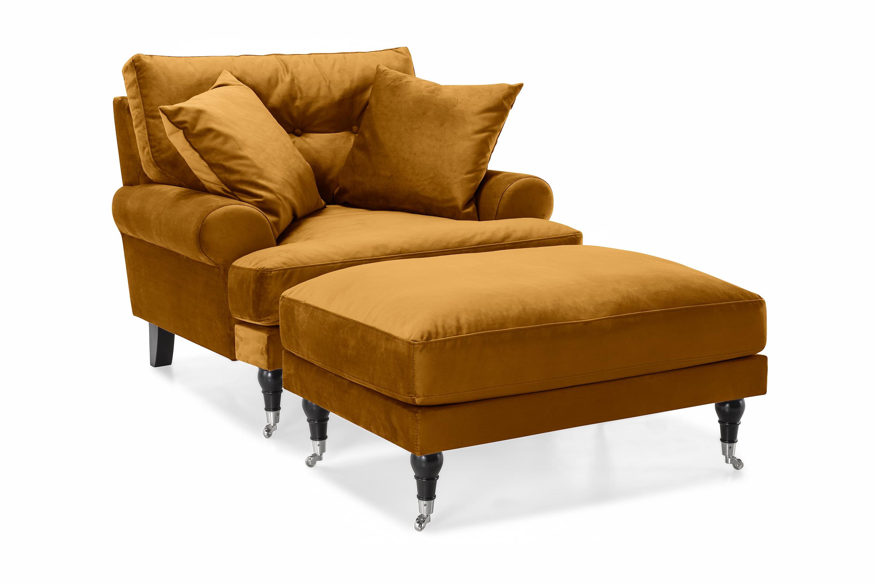 anthony fåtölj med fotpall sammet amber/krom -