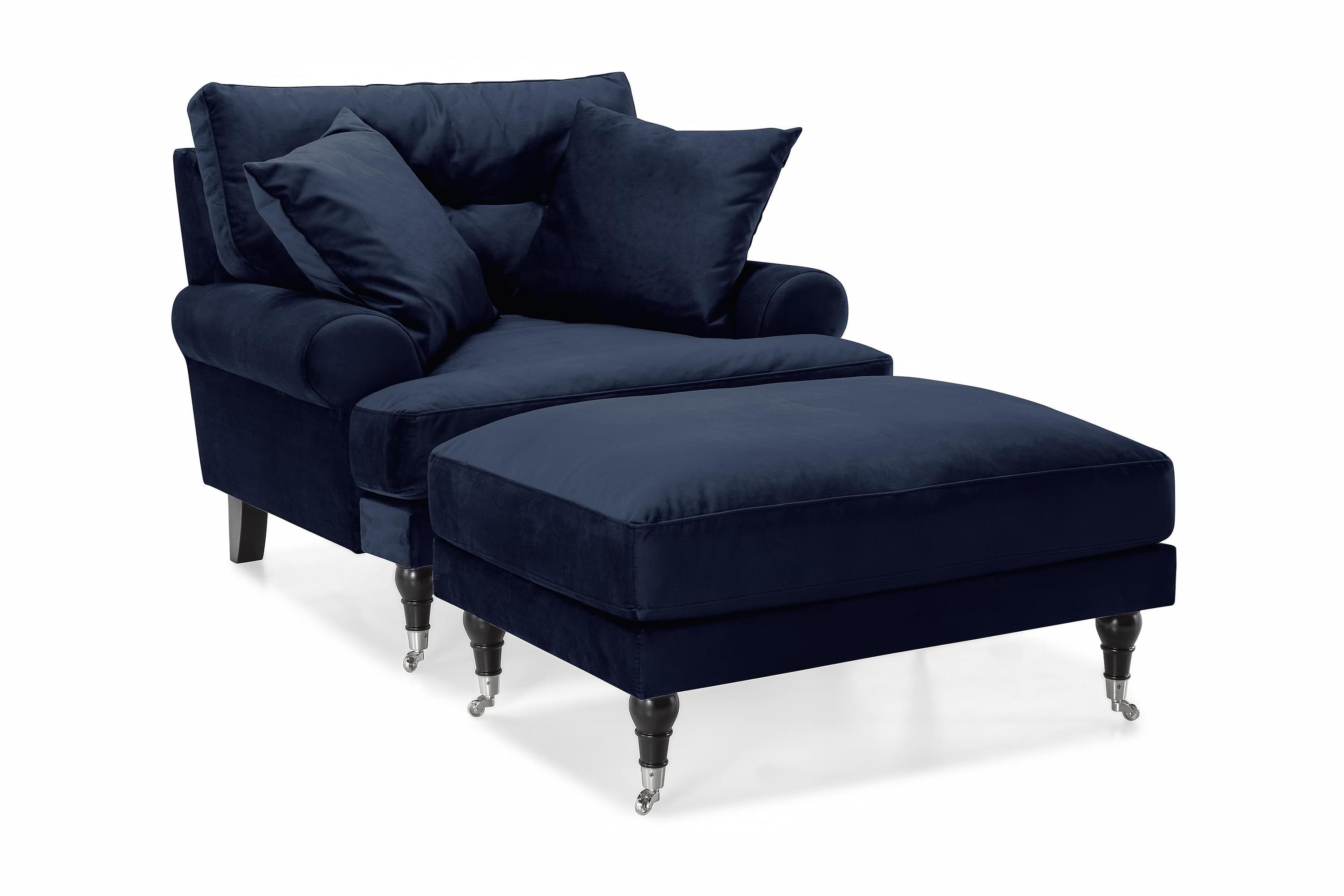 anthony fåtölj med fotpall sammet midnattsblå/krom -