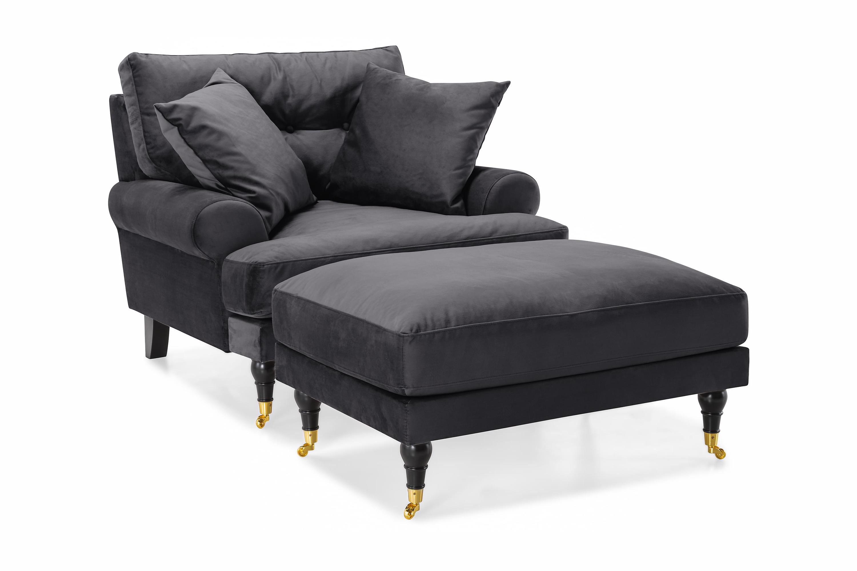 anthony fåtölj med fotpall sammet mörkgrå/mässing -