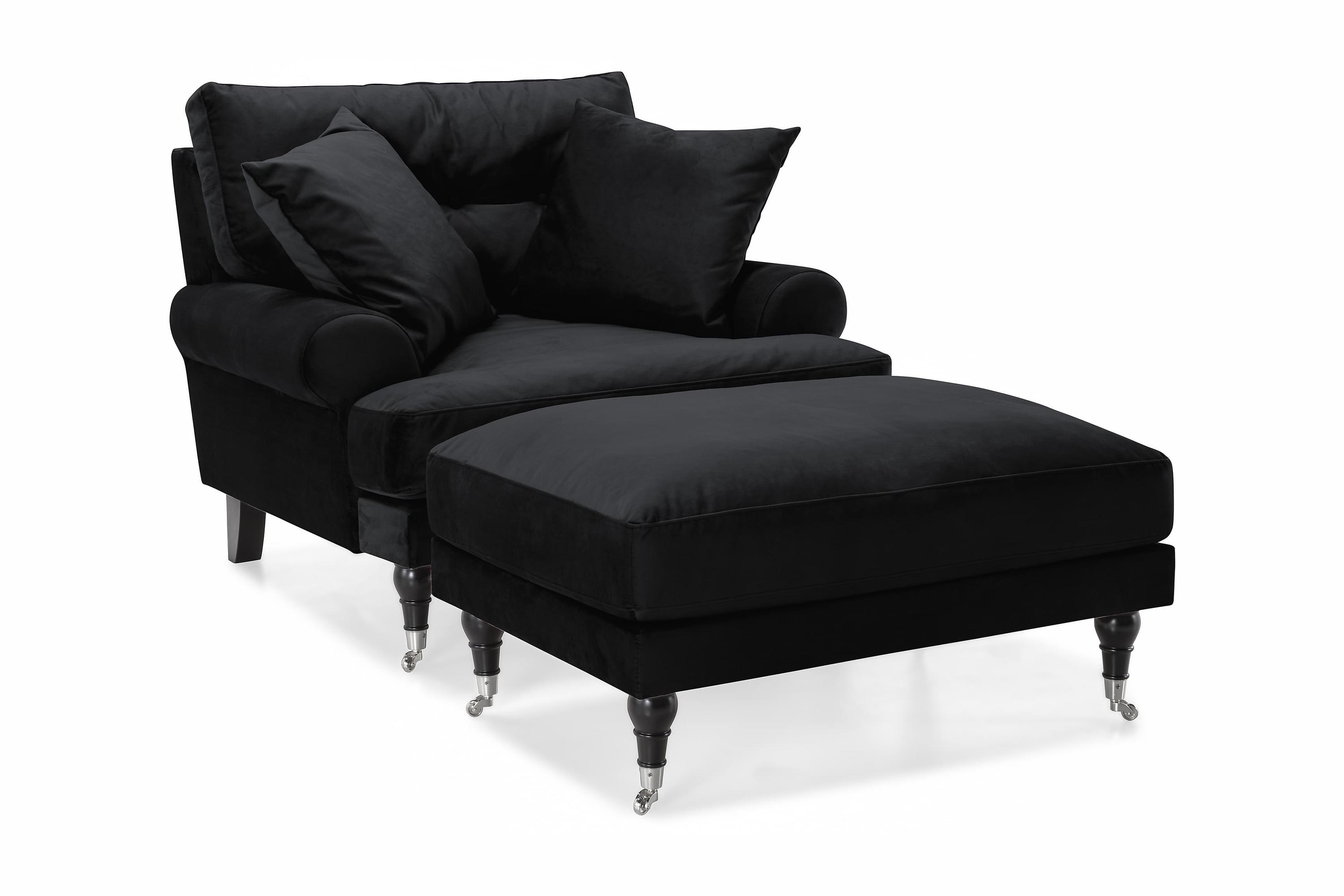 anthony fåtölj med fotpall sammet svart/krom -