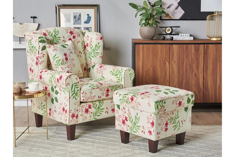 Ingeberg Fåtölj med Fotpall Blommönster - Beige - Möbler - Vardagsrum - Fåtöljer