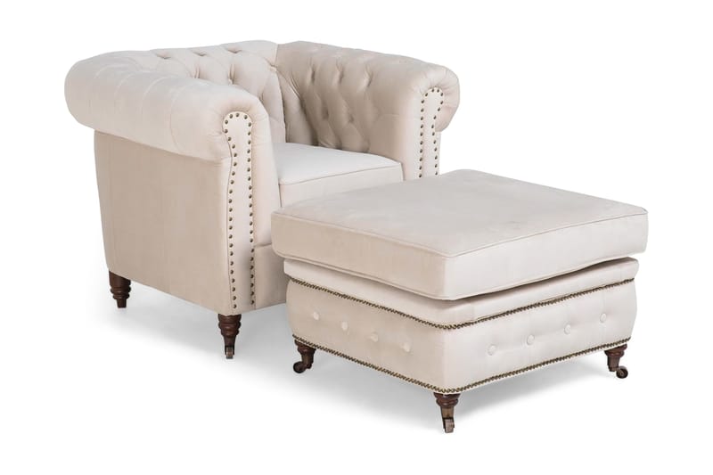 CHESTERFIELD DELUXE Fåtölj+Fotpall Sammet Beige - Fåtölj med fotpall - Sammetsfåtölj - Chesterfield fåtölj - Skinnfåtölj