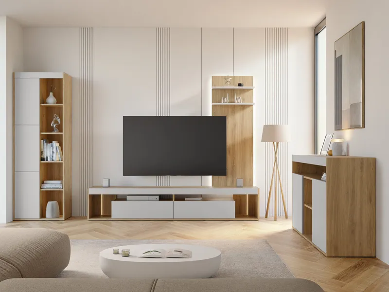 Fiorea Möbelset - Tv-bänk 200 cm + Vägghylla 138 cm +  Skänk 151 cm + Vitrinskåp 60 cm - brun och grå - Möbler - Vardagsrum - Möbelset för vardagsrum