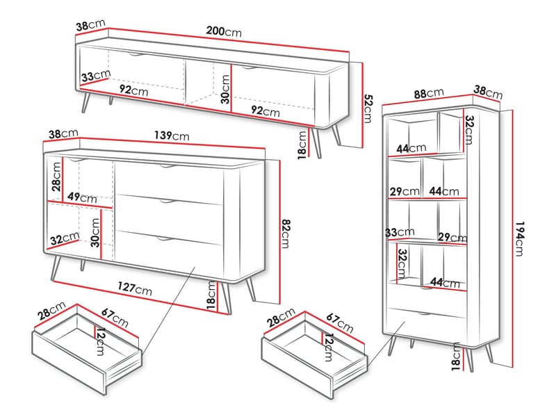 Forba Möbelset vardagsrum - tv-bänk, bokhylla och skänk - vit - Möbler - Vardagsrum - Möbelset för vardagsrum
