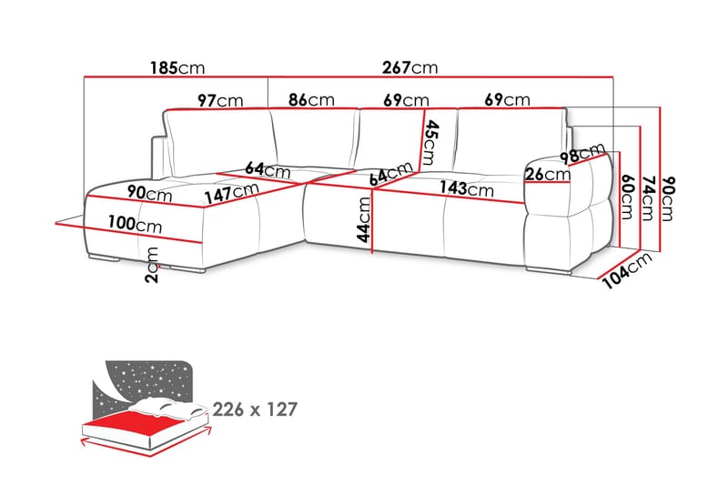 Hardam Bäddsoffa med Schäslong 3-sits i Chenille - Ljusgrå - Möbler - Vardagsrum - Bäddsoffor