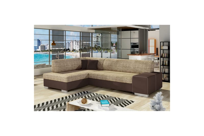 Hörnsoffa Eltap Fabio 268x167x73 cm - Berlin 03, Mjuk 66, Beige, Mörkbrun, Vänster - Möbler - Vardagsrum - Bäddsoffor