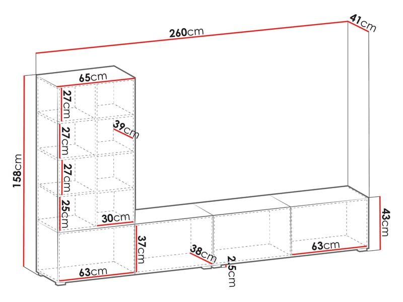 Klinkerville möbelset ribbad TV bänk vitrinskåp med LED belysning vägghängd - golvstående 260 cm - Valnöt brun - Möbler - Vardagsrum - Möbelset för vardagsrum