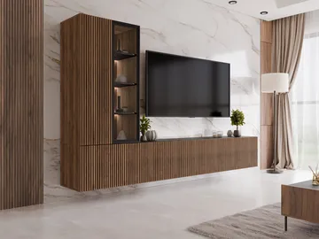 Klinkerville möbelset ribbad TV bänk vitrinskåp med LED belysning vägghängd - golvstående 260 cm - Valnöt brun - Möbler - Vardagsrum - Möbelset för vardagsrum