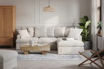 Menard Soffgrupp 4-sits Högervänd L-formad Schäslongsoffa + Fåtölj i Bouclé - Vit - Möbler - Vardagsrum - Soffgrupper