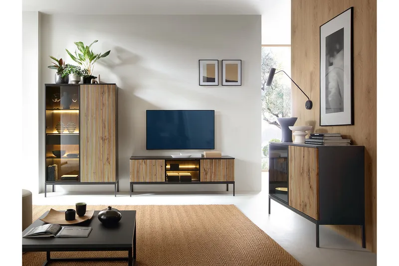 Klinkerville Möbelset Vardagsrum med Belysning TV-bänk vitrin - Svart Trä / Brun / Ribbad / Glas - Möbler - Vardagsrum - Möbelset för vardagsrum