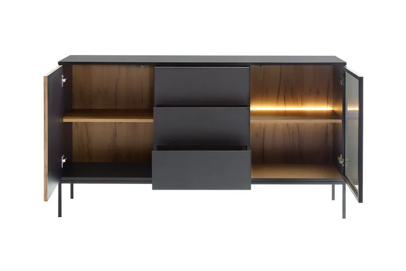 Klinkerville Möbelset Vardagsrum med Belysning TV-bänk vitrin - Svart Trä / Brun / Ribbad / Glas - Möbler - Vardagsrum - Möbelset för vardagsrum