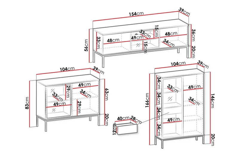 Klinkerville Möbelset Vardagsrum med Belysning TV-bänk vitrin - Svart Trä / Brun / Ribbad / Glas - Möbler - Vardagsrum - Möbelset för vardagsrum