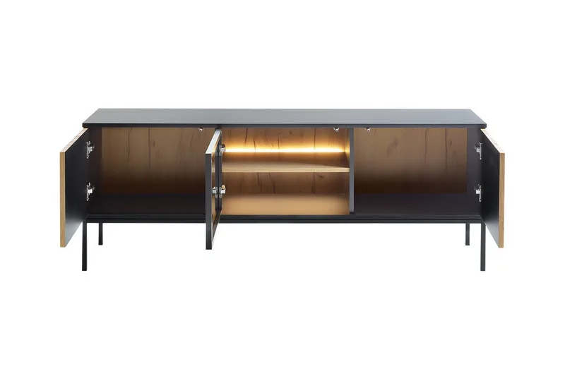 Klinkerville Möbelset Vardagsrum med Belysning TV-bänk vitrin - Svart Trä / Brun / Ribbad / Glas - Möbler - Vardagsrum - Möbelset för vardagsrum