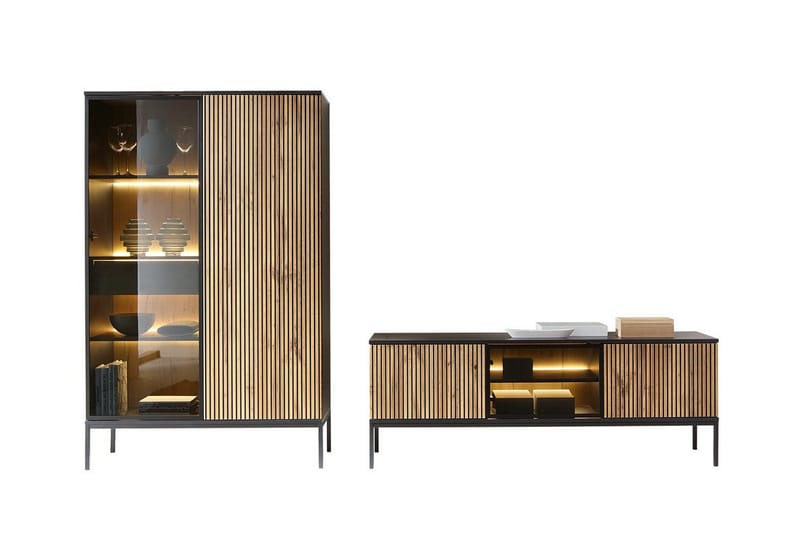 Klinkerville Möbelset Vardagsrum - Tv bänk & Vitrinskåp med Belysning - Svart Trä / Brun / Ribbad / Glas - Möbler - Vardagsrum - Möbelset för vardagsrum